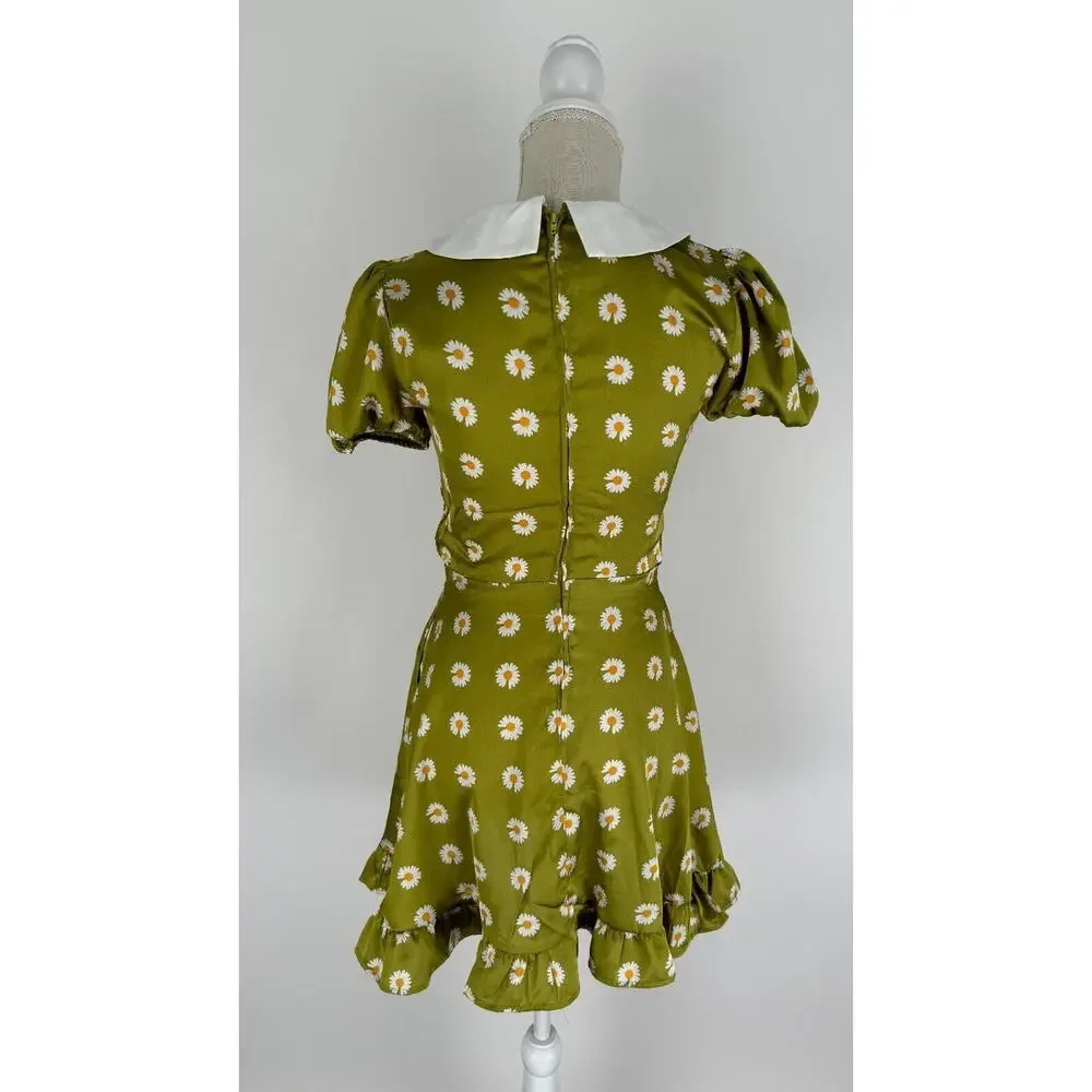 Smak Parlour Womens Green Floral Smocked Short Sleeve Flare Dress Size Medium